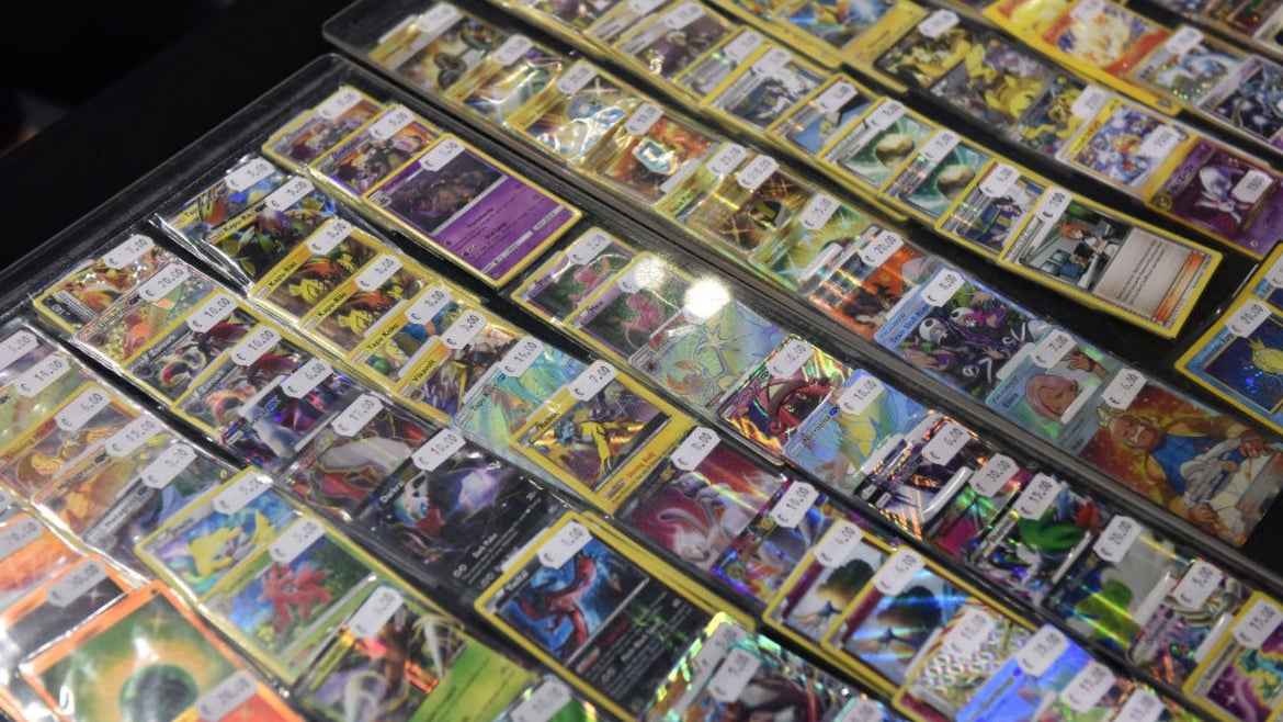 Rows of Pokemon cards in sleeves