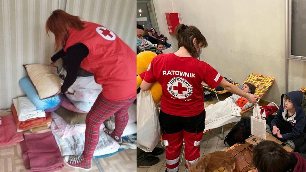 Red Cross volunteers helping with the humanitarian crisis.