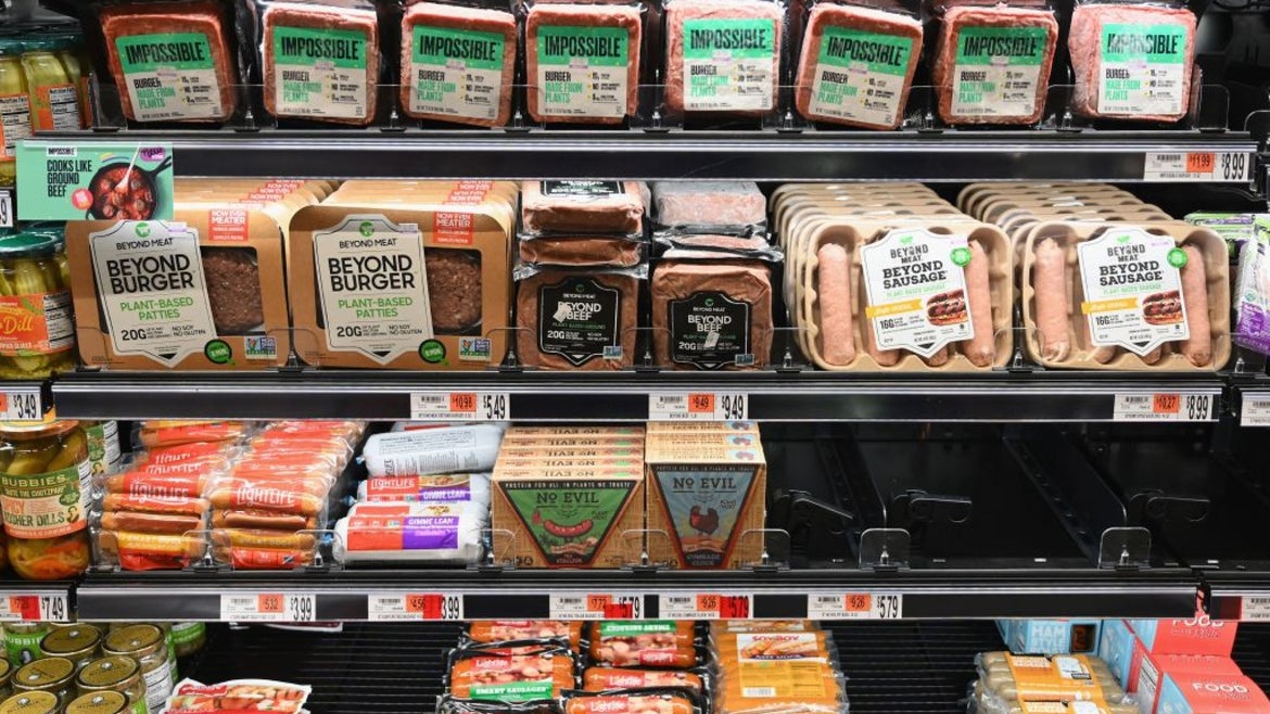 Aisle of meat substitutes in a grocery store