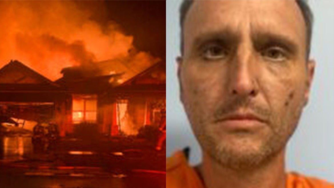 On left: image of house on fire, on right, mugshot of Kevin Powell