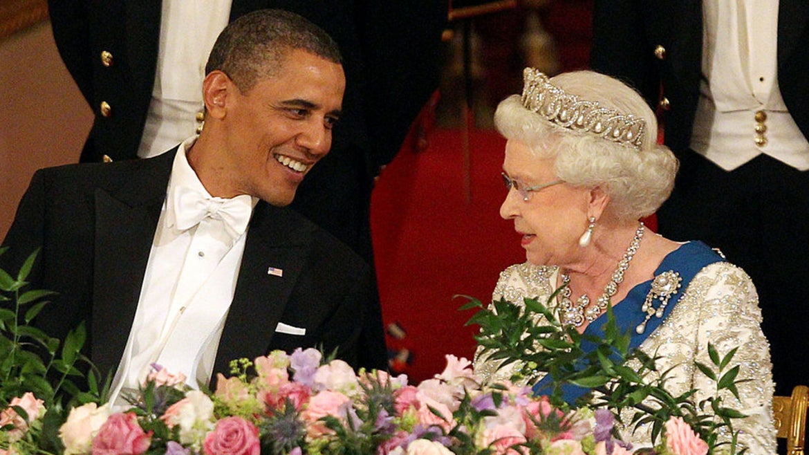 Then-U.S. President Barack Obama and Queen Elizabeth II during a State Banquet in Buckingham Palace on May 24, 2011 in London, England. The 44th President of the United States, Barack Obama, and his wife Michelle were in the UK for a two day State Visit at the invitation of HM Queen Elizabeth II.