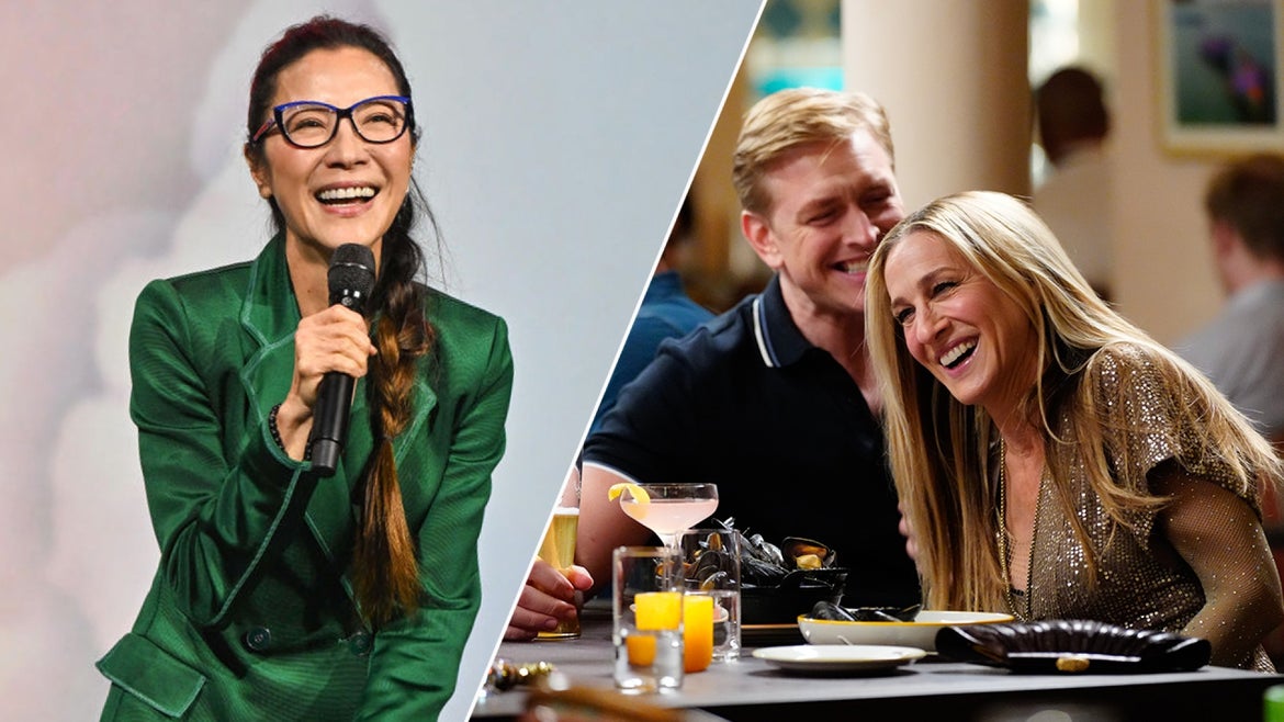 Actress Michelle Yeoh, left, is pictured speaking at a Disney event about her upcoming film "American Born Chinese," and actress Sarah Jessica Parker, right, is photographed on location while filming the second series of "And Just Like That...".