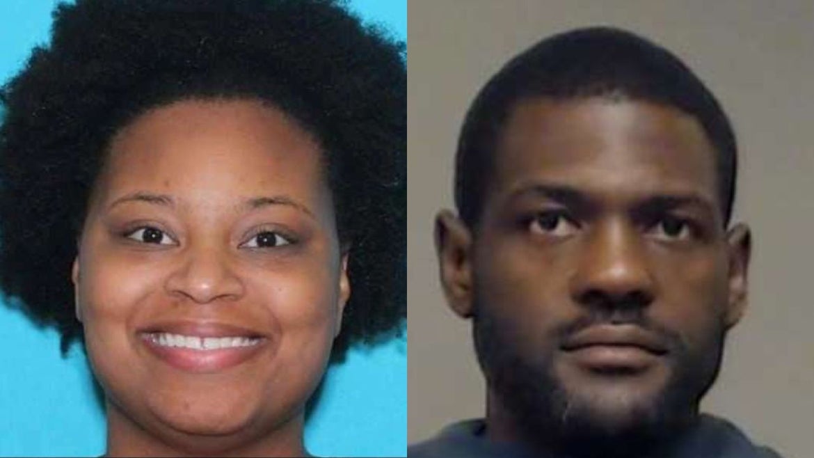From left: Kayla Kelley, 33, a Black woman smiling. On right: mugshot of Ocastor Ferguson, 32, Black man