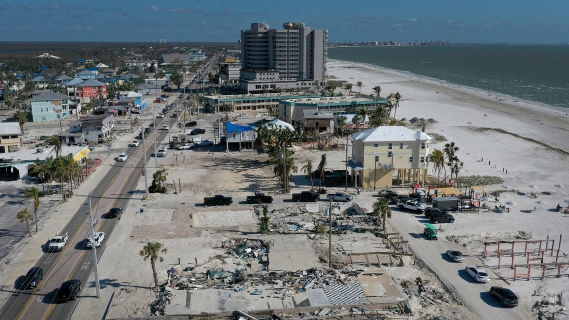 Aerial view of cleared lots that remain of homes and businesses that were destroyed by Hurricane Ian in Fort Myers Beach, Florida. 